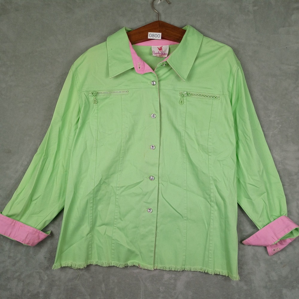 Quacker Factory Button Down Shirt Womens 1X Green Pink Fringe Rhinestone Y2K 90s